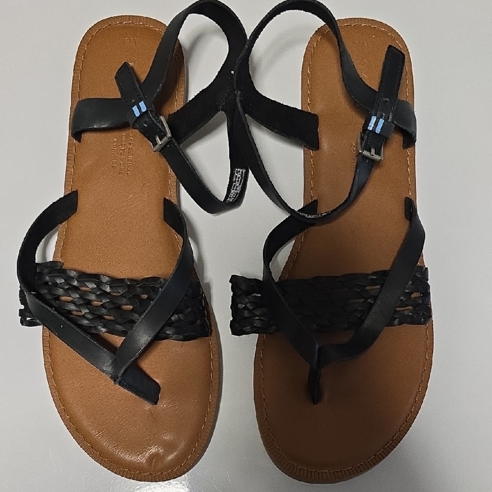 Toms Black Strappy Woven Leather Sandals - Women Size 8